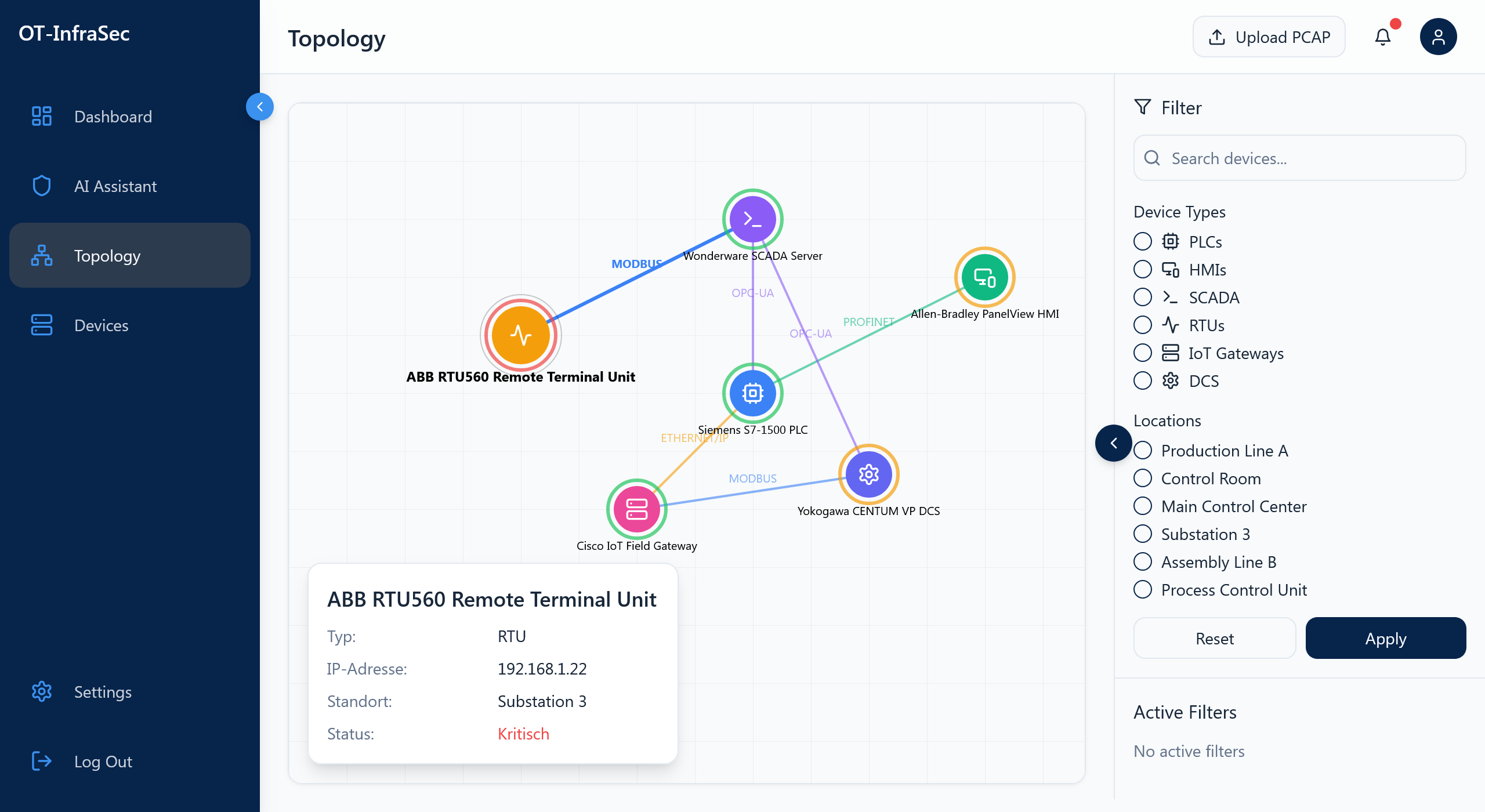 Die Ansicht eines Dashboards der Firma OT Infra-Sec, das die Topologie eines OT-Netzwerks zeigt.